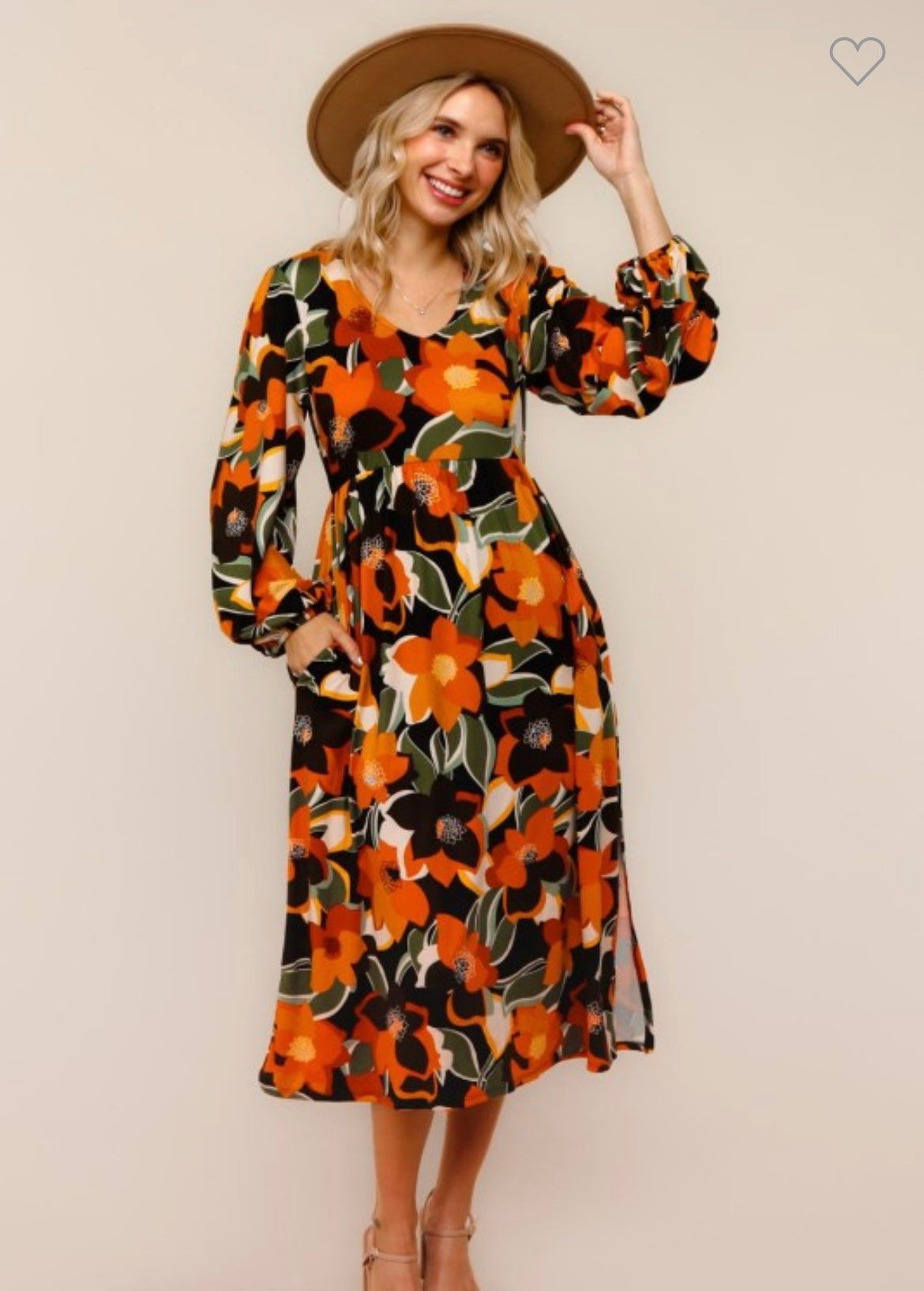 Haptics Long Sleeve Fit and Flare Midi Floral Dress Brooke in Color Haptics Long Sleeve Fit and Flare Midi Floral Dress Brooke in Color