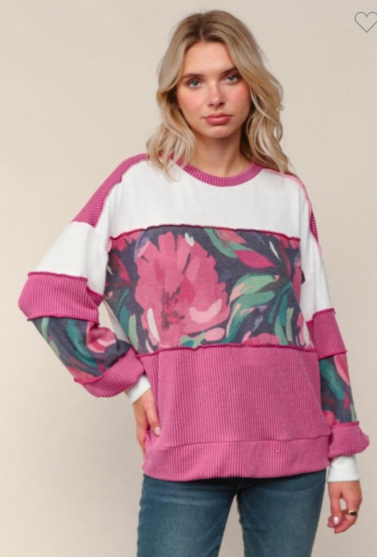 Haptics Floral Colorblock Knit Top