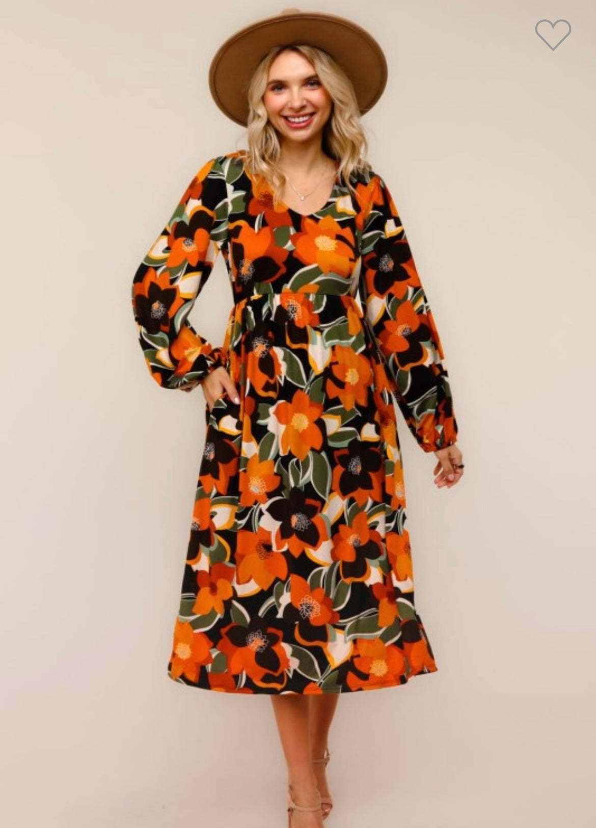 Haptics Long Sleeve Fit and Flare Midi Floral Dress Brooke in Color Haptics Long Sleeve Fit and Flare Midi Floral Dress Brooke in Color
