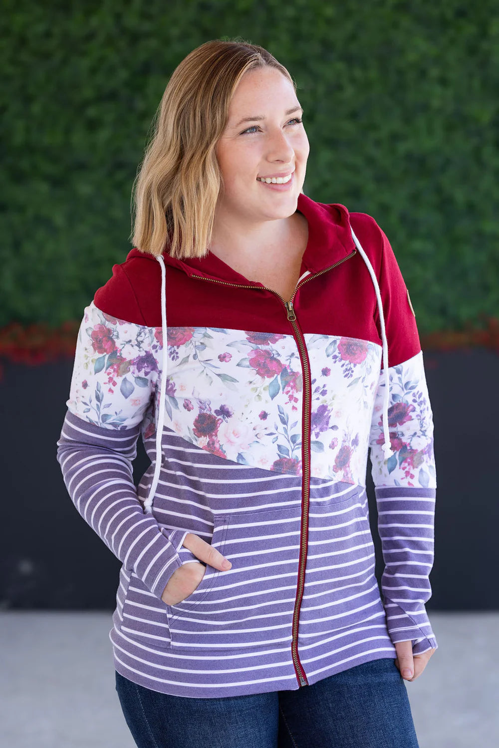 Colorblock Fullzip - Burgundy, Burgundy Bloom, and Plum Stripes