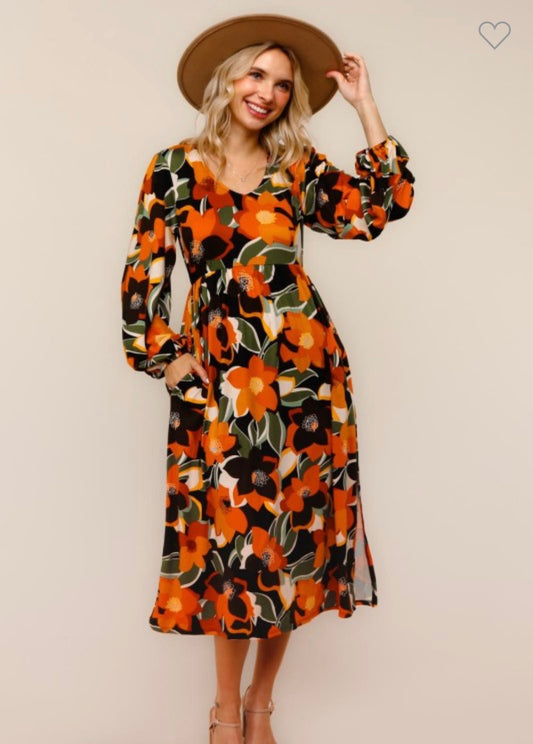 Haptics Long Sleeve Fit and Flare Midi Floral Dress