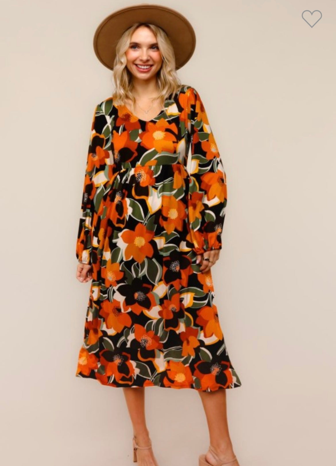 Haptics Long Sleeve Fit and Flare Midi Floral Dress Brooke in Color Haptics Long Sleeve Fit and Flare Midi Floral Dress Brooke in Color