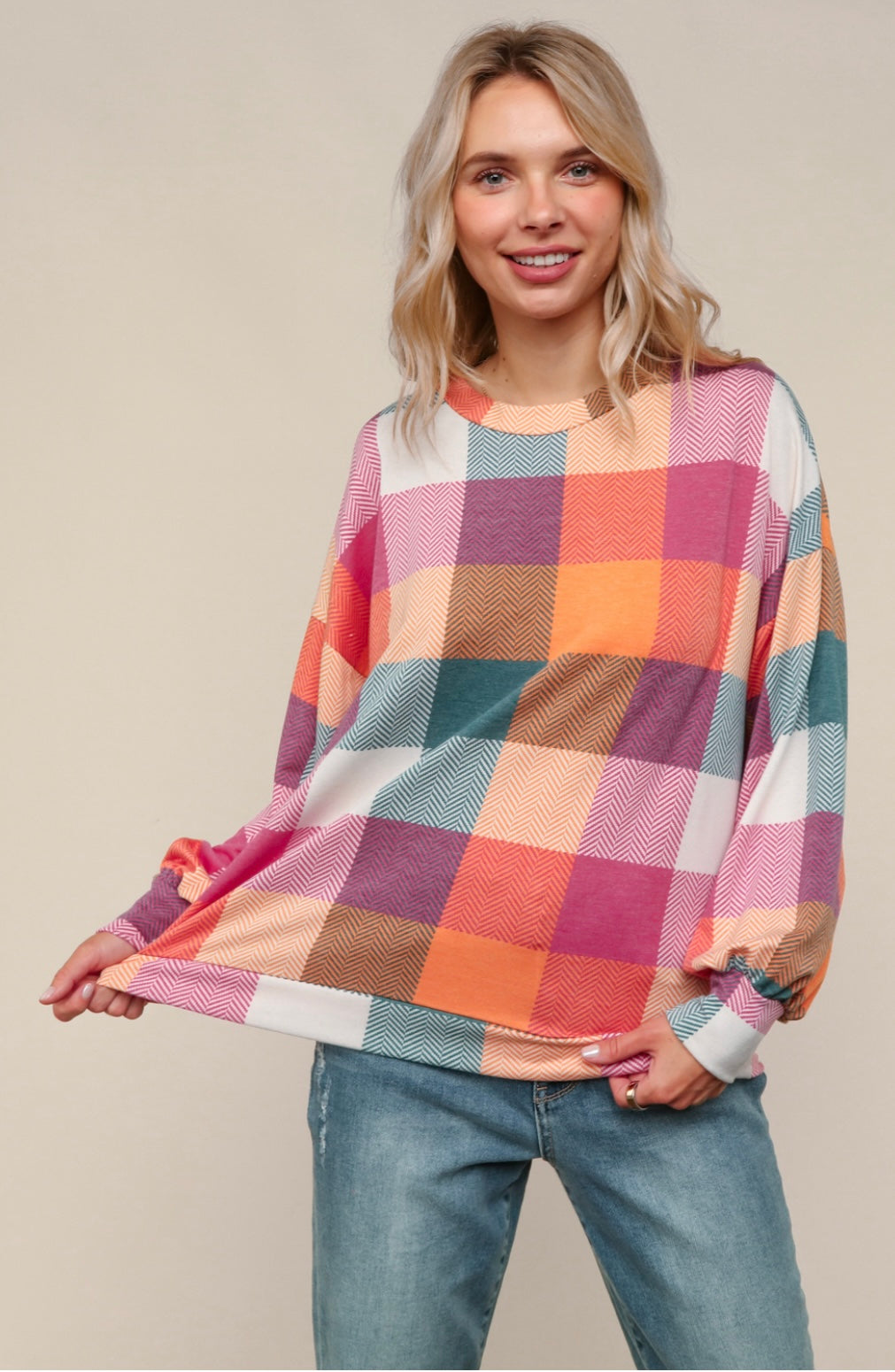 Haptics Long Sleeve Plaid Top