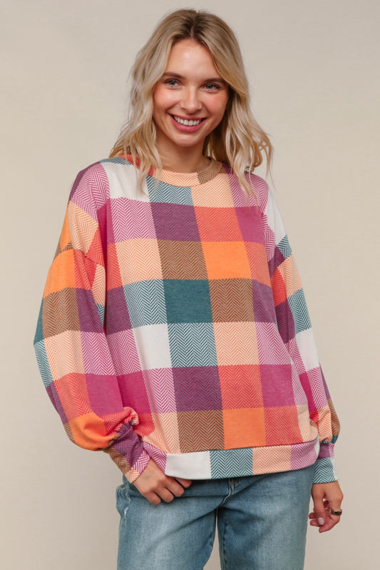 Haptics Long Sleeve Plaid Top